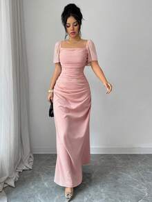 Nuevo 2026 Vestido elegante y romántico para mujer con cuello cuadrado y cintura ceñida, de manga corta - Rosa coral - Ver 3