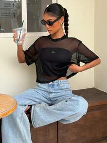 Muchica 女士短袖黑色網眼上衣 - 黑色 - 查看 3