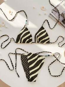 Swim Vcay Bộ đồ đi biển 2 món dành cho nữ, thời trang dễ thương, gợi cảm, thích hợp cho kỳ nghỉ biển, tiệc bể bơi, in họa tiết ngẫu nhiên, áo crop top buộc dây sau lưng và quần bikini buộc dây bên hông, thích hợp cho mùa xuân/hè. - Nhiều màu - Xem 3