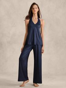 Women's British Style Blue Striped Halter A-Line Top And Straight Loose Pants Pajama Set - Navy Blue - View 3