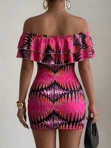 Elenzga Women's Elegant Fitted Off-Shoulder Ruffle Hem Print Bodycon Mini Dress, Summer - Multicolor - View 2