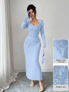 Modelyn Lace Patchwork Collared Button Waist Fitted Midi Dress For Women - Blue - View 5