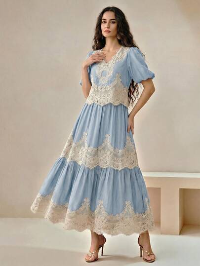 Anewsta Vintage Olive Green V-Neck Puff Sleeve + Lace Patchwork Flared Skirt Vacation Style 2 Pieces Set