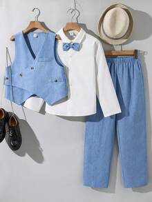 SHEIN 3件套/套 适合青少年/幼儿男孩春夏时尚可爱蓝色背心裤套装，绅士装束，正式场合穿着，适合度假、婚礼、迎婴派对、优雅场合、婚礼宾客、花童、戒指童、复活节等。 - 藍色 - 查看 5