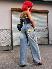GARFIELD | SHEIN Women's Casual Fashion Street Chic Daily Commute Cartoon Print Frayed Hem Star Pattern Loose Wide Leg Jeans - Blue - View 1