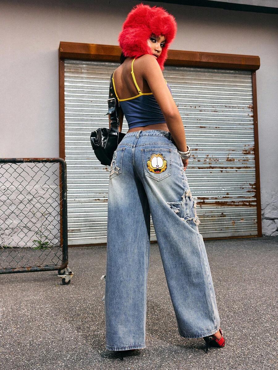 GARFIELD | SHEIN Women's Casual Fashion Street Chic Daily Commute Cartoon Print Frayed Hem Star Pattern Loose Wide Leg Jeans - Blue - View 1