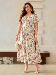 Roveilla Robe imprimée à encolure en V, taille froncée, drapée, pour grandes tailles, printemps/été - Nude - Voir 4