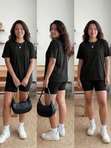 4pcs Plus Size Solid Color Set - 2 Short Sleeve Tops + 2 Knee Length Shorts - Multicolor - View 5