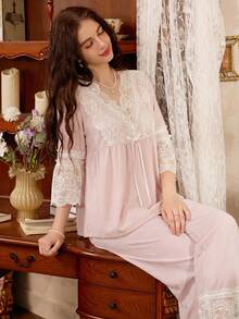 Côtesoire Romantic French Elegant Lace Women Pajama Set - Pink - View 3