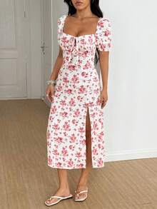 SHEIN Unity Women's High Slit Floral Print Casual Vacation Bellflower Dress For Spring/Summer Maxi Women Outfit - Pink - View 3