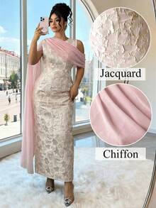 Elenzga Đầm maxi nữ bán chạy nhất, chất liệu vải jacquard vàng có họa tiết, kiểu dáng thanh lịch với khăn choàng chiffon, phù hợp cho các bữa tiệc, hẹn hò, mua sắm và nhiều dịp khác trong mùa xuân/hè. - Hồng - Xem 6