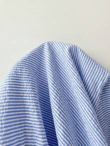 SHEIN EZwear 大码女式条纹宽松圆领短袖衬衫 - 藍白色 - 查看 5
