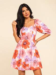 Vestido de verano con estampado floral, cuello de corazón y mangas abullonadas - Naranja - Ver 5
