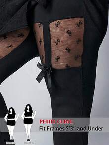 SHEIN PETITE CURVE CURVE Plus Size Women's Petite Black Sheer Mesh Contrast Bow Decor Leggings,High-Waisted Summer Goth Rave Pants For Holiday Vacation - Black - View 2