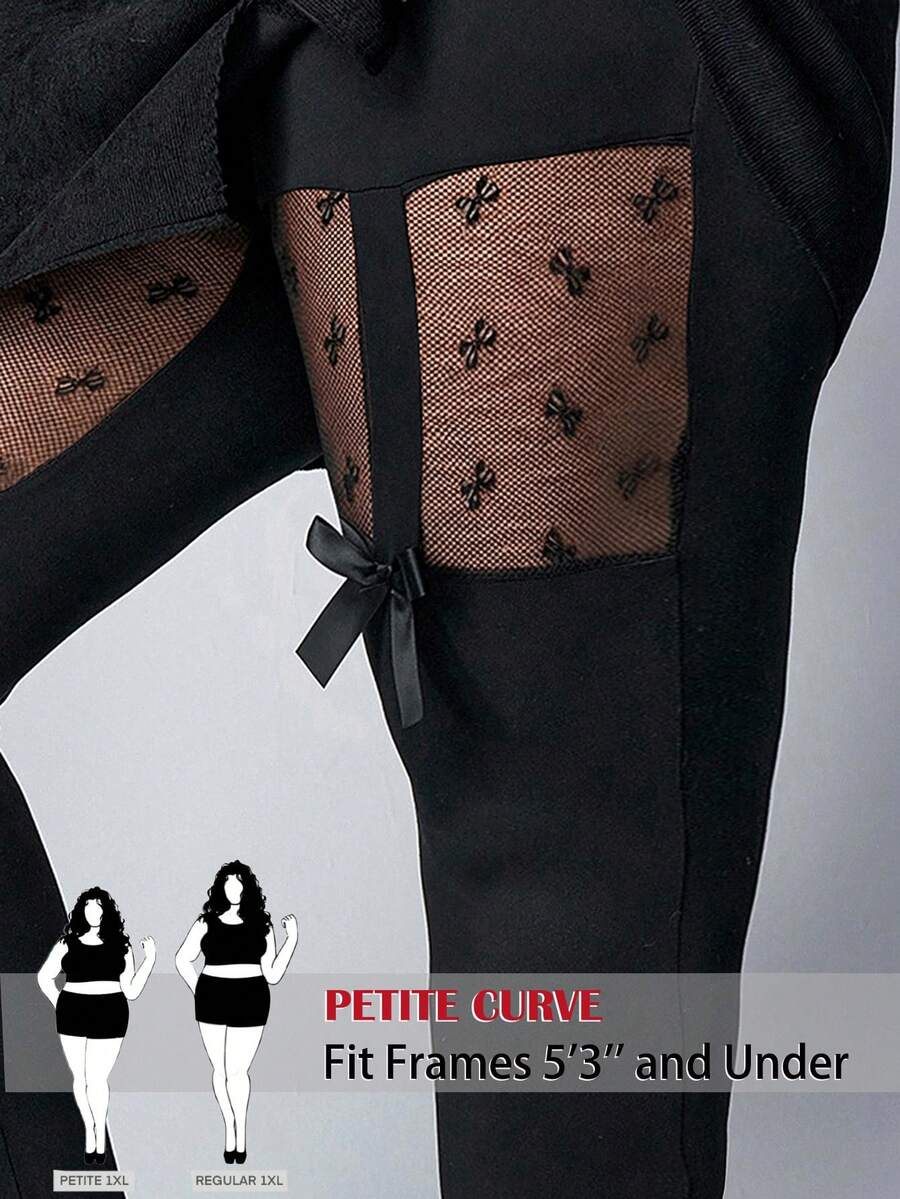 SHEIN PETITE CURVE 大码时尚透视网纱撞色蝴蝶结装饰打底裤 - 黑色 - 查看 1