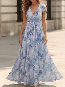 Vestido midi de línea A con estampado floral azul, cintura alta, romántico y elegante con mangas cortas para mujeres - Multicolor - Ver 6
