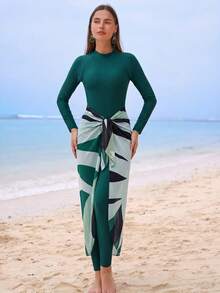 Swim Shayni Conjunto de burkini de una pieza de manga larga para mujer, para la playa - Verde - Ver 5