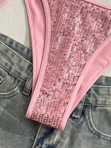 SHEIN Swim Vcay Bộ bikini gợi cảm thắt dây, đính sequin, có thể điều chỉnh dây, dành cho nữ, thích hợp cho kỳ nghỉ biển mùa xuân/hè. - Hồng - Xem 8