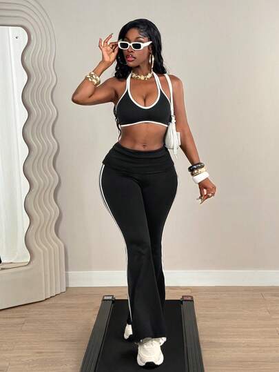 BamGleam 2026 Y3K 女士撞色运动套装，露背吊带瑜伽服搭配高腰喇叭裤，两件套弹力撞色露背吊带瑜伽上衣和休闲喇叭裤套装