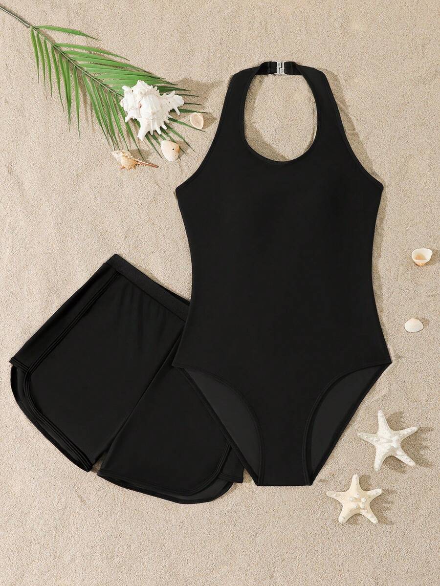 SHEIN Teen Girls One Piece Swimsuit,Black Solid Color,Halter Neck Adjustable,Regular Waist Tie Shorts,Fashion Minimalist Style,Summer,Beach,Holiday,Pool