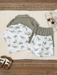 SHEIN 4pcs/Set Baby Boy Cute Cartoon Striped Rabbit Pattern Short Sleeve Knit Pajama Set, Summer Casual Homewear Set - Multicolor - View 2