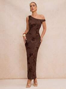 Lumalex 薄荷绿不对称肩部无袖修身网纱连衣裙，春夏新品 - 棕色 - 查看 5