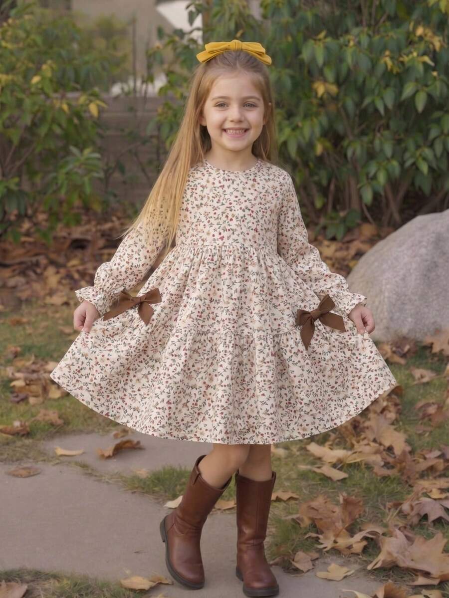 Emery Rose Kids Emery Rose Kids 女童连衣裙,碎花圆领泡泡袖修身休闲A字裙,秋冬新款,适合女童、母女和姐妹穿着。返校季 - 彩色 - 查看 1