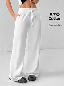 SHEIN PETITE Comfortable And Casual Plain Knit Low-Rise Wide-Leg Women Sweatpants - White - View 7