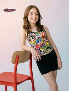 THE POWERPUFF GIRLS X SHEIN Maija Kids 少女修身休闲运动吊带背心，基础款套装 - 彩色 - 查看 1