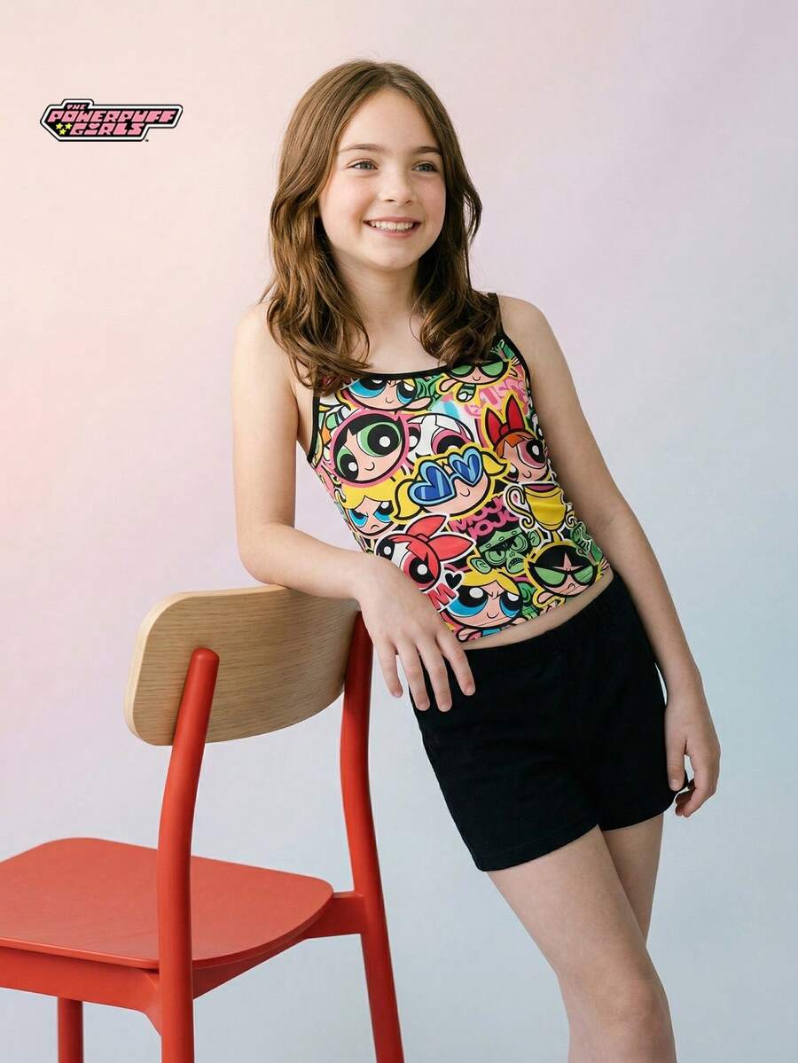 THE POWERPUFF GIRLS X SHEIN Maija Kids 少女修身休闲运动吊带背心，基础款套装 - 彩色 - 查看 1