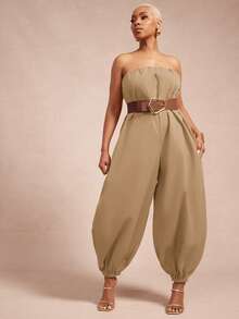 Vixey Solid Woven Strapless Balloon Hem Jumpsuit - Camel - View 4