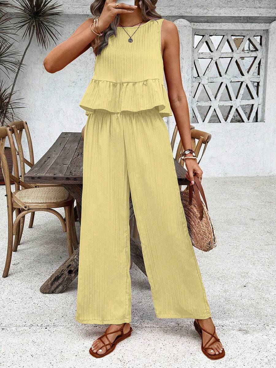 SHEIN Holidaya Women's Vacation Solid Color Ruffle Hem Tank Top And Wide Leg Pants Casual 2 Pieces Set 2 Piece Set Womens Outfit Holiday Outfit Pleated Outfit - Yellow - View 1