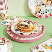 Platos, servilletas y vasos desechables con borde rosa y animales de la jungla, set de suministros para fiestas, sirve a 24 personas, vajilla de papel desechable para fiestas, adecuado para cumpleaños, bodas, fiestas temáticas, picnics familiares. - Ver 4