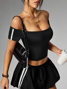 女士运动T恤和背心 - 藏蓝色 - 查看 3