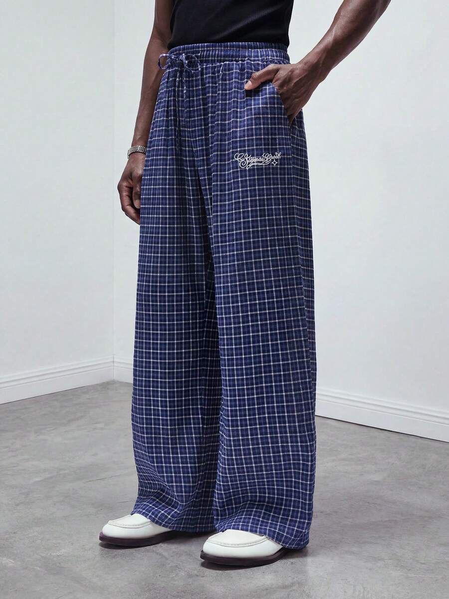 STYNVO Men's Plaid Wide Leg Pants, Blue Checkered Trousers, Drawstring Waist, Loose Fit, Streetwear, Casual Pants Relaxed Pants Men Man Clothes Pants Beach Outfit For Men Pants Pattern Pants Graphic Pants Wide Leg Pants Men Streetwear Pants Stitch Pants - Blue - View 1