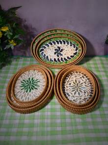 Handmade Natural Woven Rattan Seashell Shaped Tray Boho Decorative Jewelry Tea Storage Organizer Multipurpose Shell Tray For Bedroom Living Room Vanity - Yellow - View 2