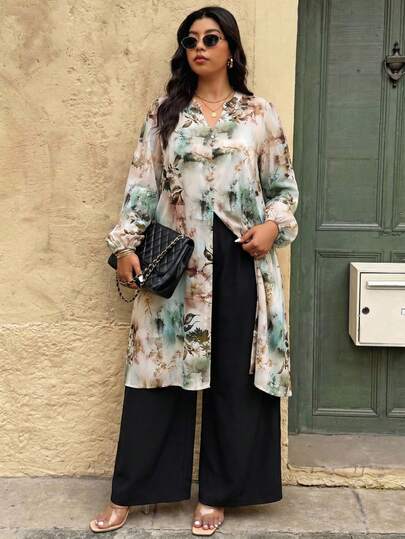 Al Najma Damen Große Größen Set aus Batik-Laternenhülse Langarmoberteil und weiter Hose im arabischen Stil