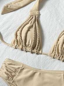 Women's Elegant Casual Vacation Halter Bikini Set, Handmade Rope Island Pool Party Swimsuit - Beige - View 7