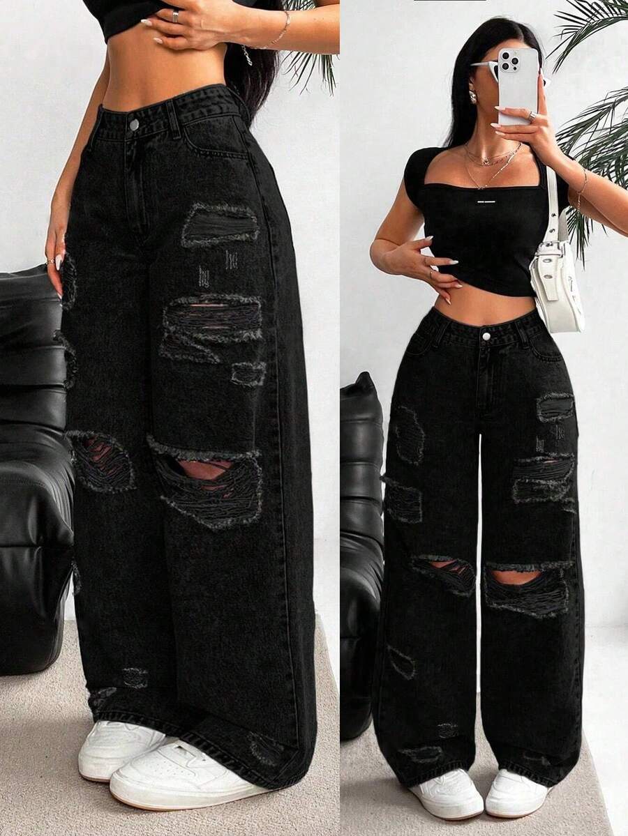 SHEIN EZwear Women Casual Distressed Wide Leg Denim Jeans - Black - View 1