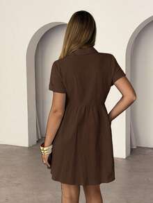 Vestido corto de un solo pecho de unicolor cómodo y casual para mujer - Marrón - Ver 2