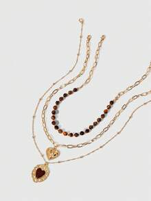 ROMWE Goth 3pcs/Set Vintage Luxury Gold Chain Layered Tiger Eye Beaded Necklace With Heart Pendant, Fashionable Jewelry For Women, Suitable For Daily Wear, Parties, Music Festivals - Multicolor - View 3