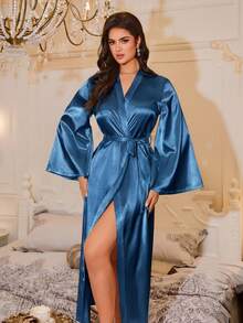 LuxeNights Áo choàng dài rộng rãi, thanh lịch kiểu Pháp, đồ ngủ nữ. - Màu xanh ngọc - Xem 4