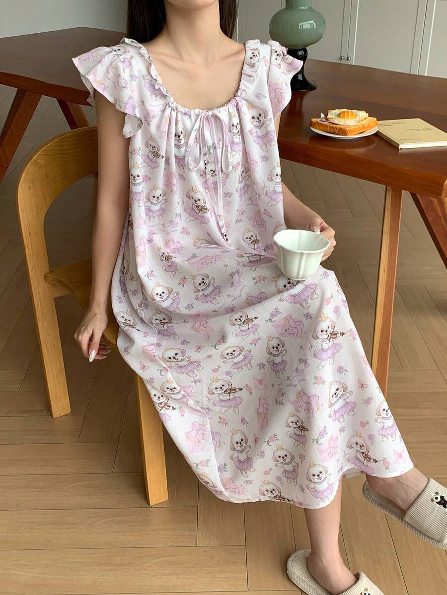 DAZY 夏季甜美卡通小狗印花荷叶边系领宽松女士睡裙 - 白色 - 查看 1