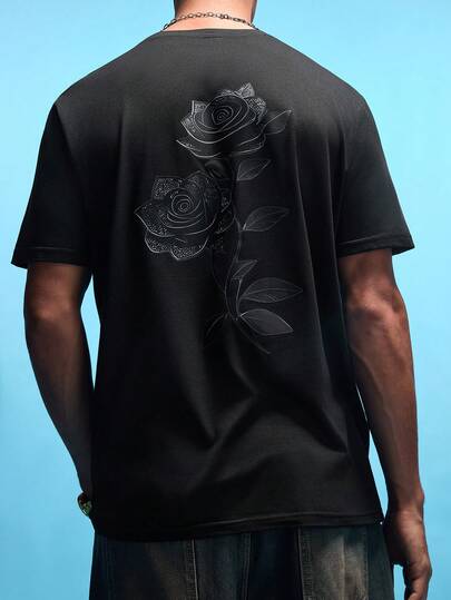 NobleFwd 男士复古休闲黑色玫瑰印花短袖T恤，夏季
