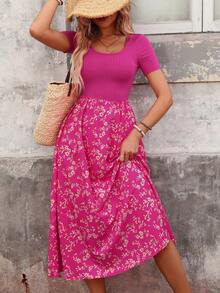 SHEIN Holidaya Đầm maxi đơn giản phối màu, in họa tiết, thích hợp mặc hàng ngày cho nữ. - Màu Hồng Tươi - Xem 4