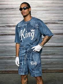 Manfinity Hypemode Bộ đồ thể thao và mặc nhà nam 2 món, hiệu ứng denim, có chữ, kiểu dáng thường ngày, thích hợp cho cả hoạt động thể thao và mặc nhà. - Màu xanh lam - Xem 5