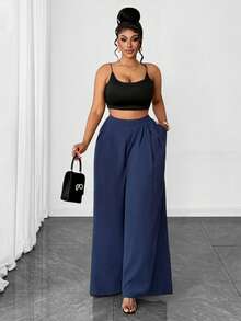 Maweii Women's Navy Blue Pleated Wide Leg Pants,Elegant Semi Formal Minimalist Design For Autumn,High-Quality Plus Size Casual Commuter Office Trousers - Navy Blue - View 5