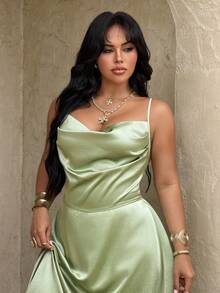 Rustia 休闲优雅法式极简主义垂褶领吊带长裙，A字版型，百搭实用，适合日常、派对、度假等场合，绿色，大码可选 - 綠色 - 查看 7