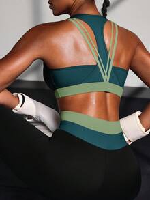 Powerista Sujetador deportivo casual de mujer con estampado de letras y contraste de colores - Verde Oliva - Ver 5