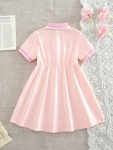 SHEIN Đầm bé gái dễ thương, đa năng, tối giản với cổ áo và tay áo bo gân, màu hồng thêu họa tiết xếp nếp, thích hợp mặc mùa hè. - Hồng - Xem 2
